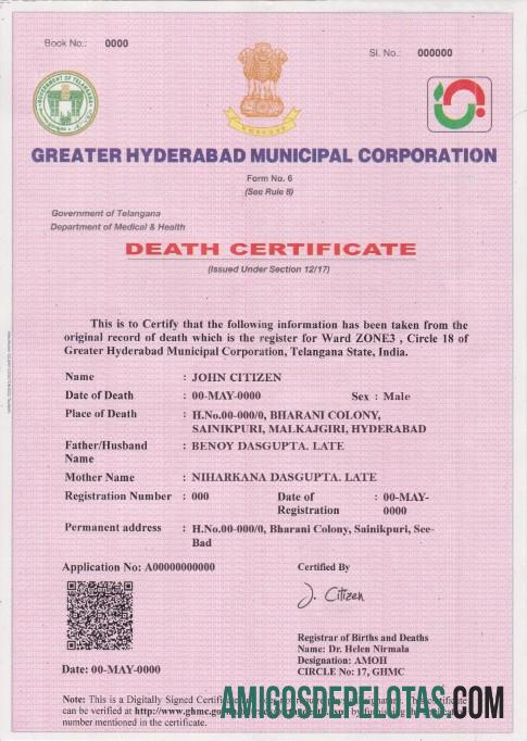 Em branco modelo de certidão de óbito da Índia em formato PSD, totalmente editável